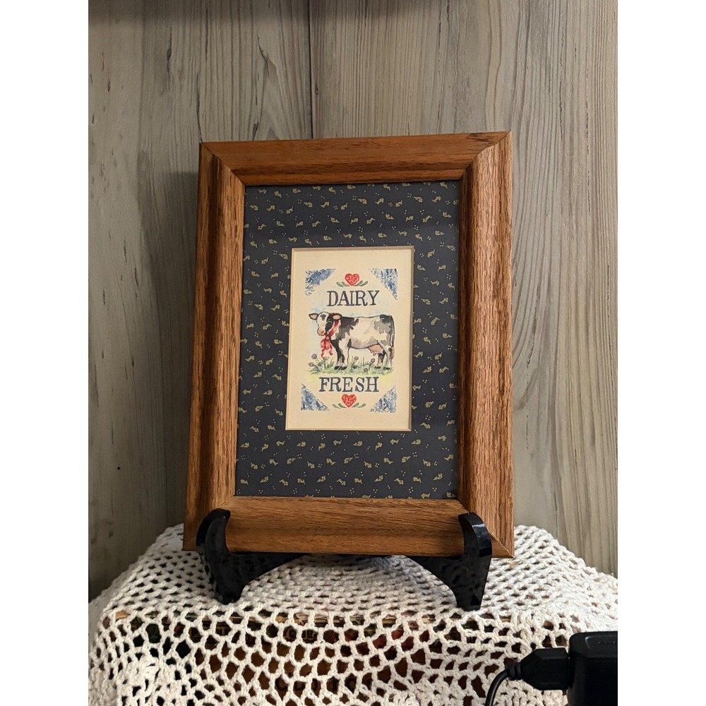 Vintage Figi Graphics Dairy Fresh Cow Framed Wall Art Oak Wood Frame MN-92
